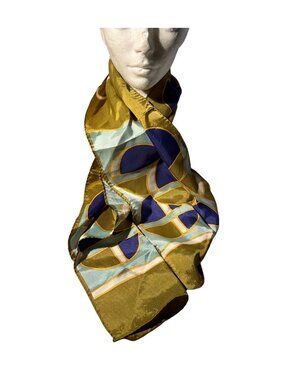 Vintage Twill Acetate Scarf With Abstract Geometric Design Mustard Yellow & Blue
